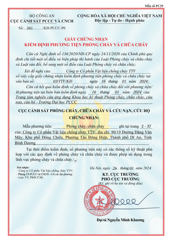 Giấy kiểm định sơn chống cháy MTV